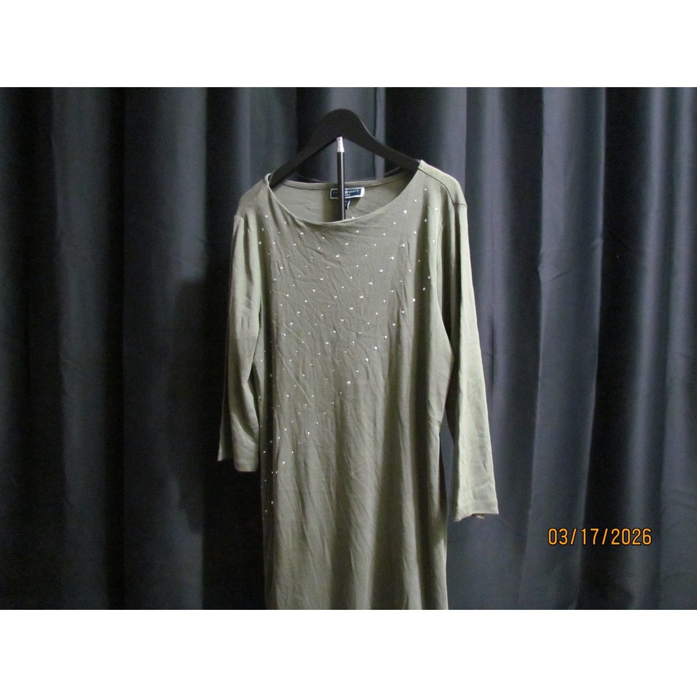 Karen Scott Sport Olive Green Rhinestone Embellished 3/4 Sleeve Dress Womens
